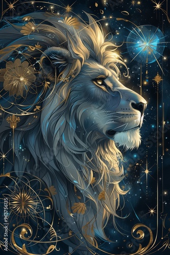 Majestic lion illustration on a card, featuring detailed and regal artwork. 🦁✨ Ideal for showcasing elegance and strength, perfect for collectors and art lovers! photo