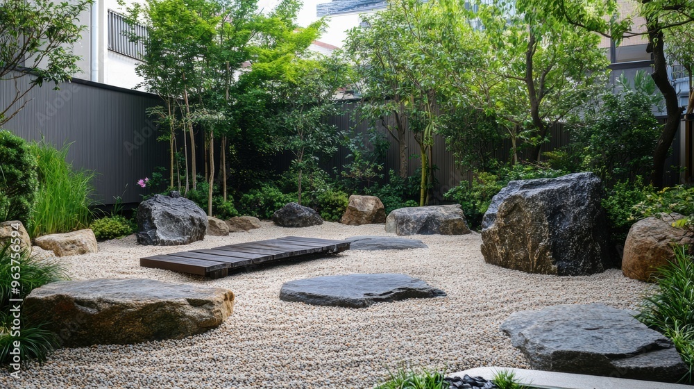 A minimalist Japanese garden with neatly arranged stones and a few scattered plants focusing on simplicity and balance A minimalist Japanese garden with neatly arranged stones and a few scattered plants focusing on simplicity and balance