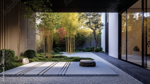 A minimalist Japanese garden with simple bamboo elements raked gravel and sparse greenery creating a peaceful vibe