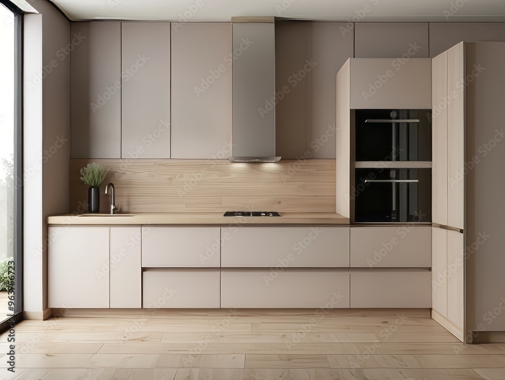 Fototapeta premium Modern Minimalist Kitchen with Stainless Steel Hood and Wooden Accents