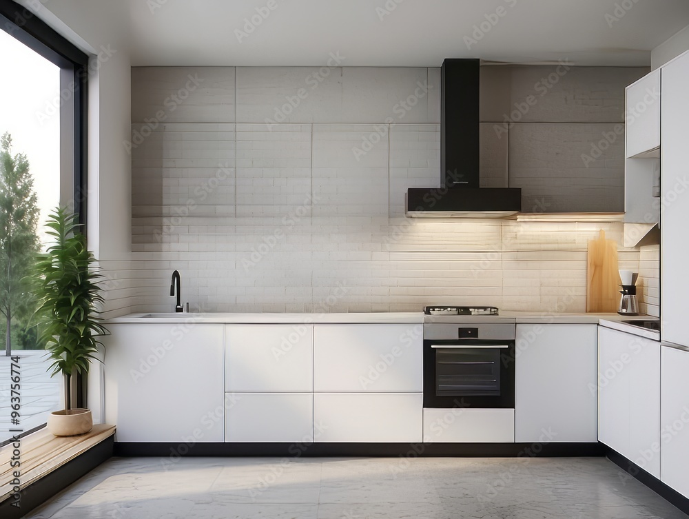 Fototapeta premium Modern Kitchen with White Cabinets and Black Range Hood