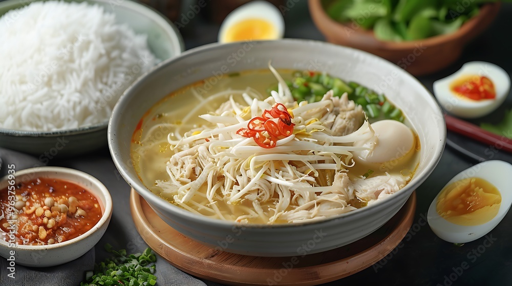 A bowl of flavorful Soto Kudus with a clear chicken soup base, shredded chicken, vermicelli noodles, and boiled eggs served with steamed rice and sambal for a comforting Indonesian dish A bowl of flavorful Soto Kudus with a clear chicken soup base, shredded chicken, vermicelli noodles, and boiled eggs served with steamed rice and sambal for a comforting Indonesian dish