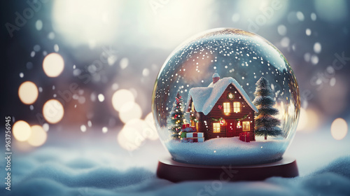 christmas snow globe, crystal ball, snow globe with snowy Christmas tree and house