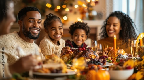 A joyful family gathers around a festive Thanksgiving dinner, celebrating together with smiles and delicious food in a warm setting