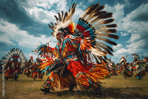 A Native American dance traditional costumes performing. Their clothing are vividly expressed as they move to the beat of drums, emphasizing the deep connection between culture and the environment. photo