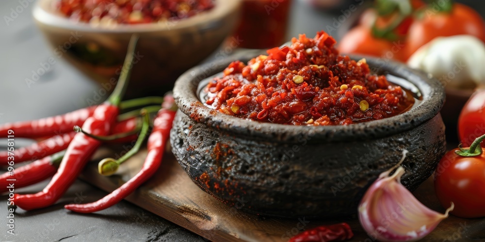 Spicy chili paste known for its intense flavor and fragrant aroma, created by blending red chili peppers, garlic, and tomatoes.