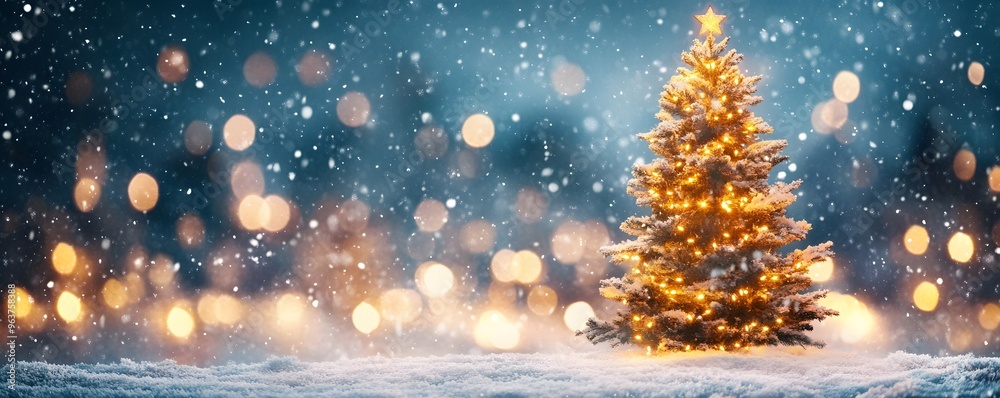 Illuminated Christmas Tree in Snowfall with Bokeh Lights Illuminated Christmas Tree in Snowfall with Bokeh Lights