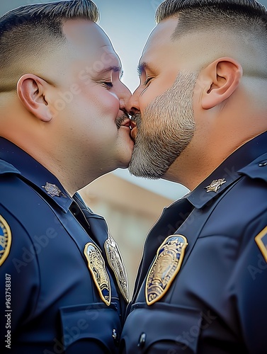 Two police officers sharing a kiss in uniform, close-up photo