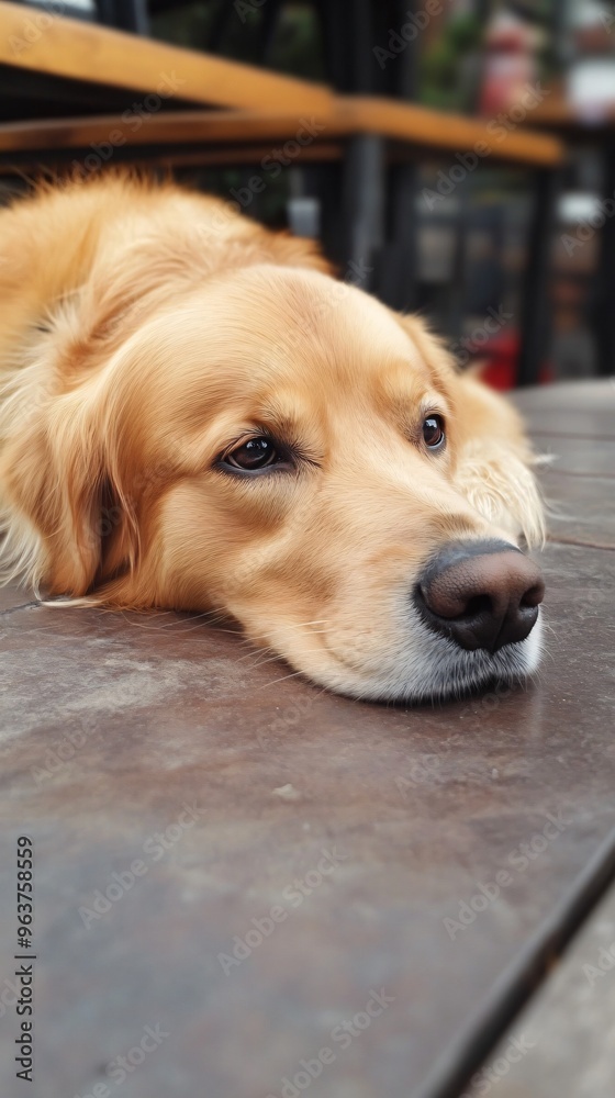 Golden Retriever Dog Close Up Portrait Resting on Wooden Table Golden Retriever Dog Close Up Portrait Resting on Wooden Table