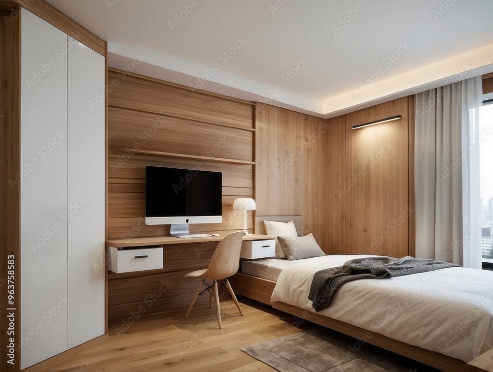 Modern bedroom with wood paneling, white bed, and desk area.