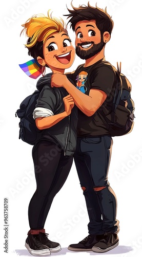 Cartoon illustration of a happy gay couple holding a pride flag photo