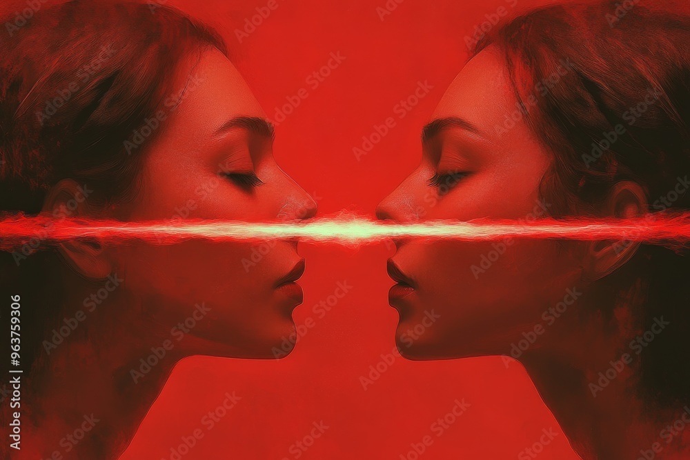 Fototapeta premium Mental processor Memory center Two faces connected by glowing energy waves symbolizing communication connection and the transfer of thoughts in a conceptual design