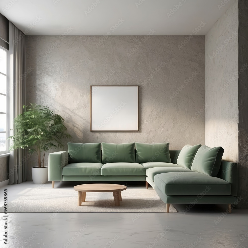 Modern Living Room with Green Sectional Sofa and White Rug