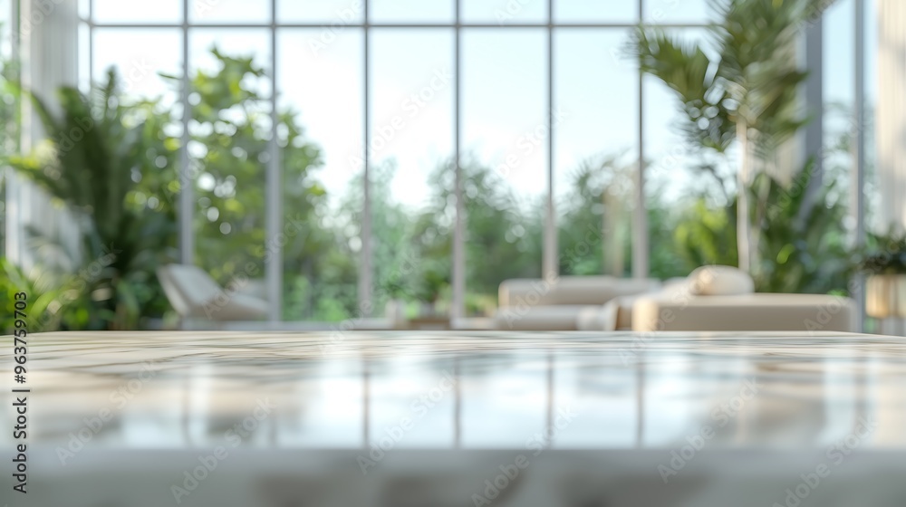 Spacious modern room with large windows and green plants