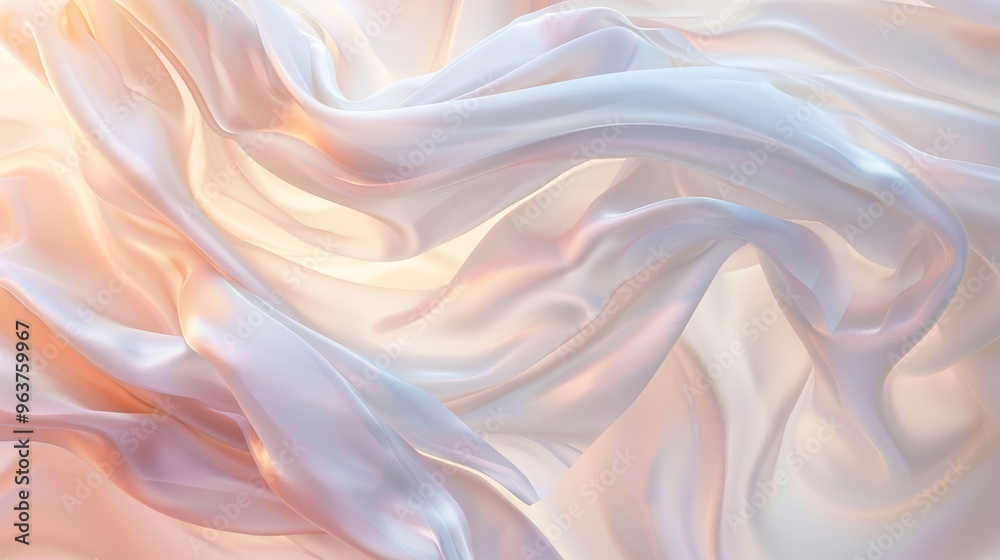 Soft white silk satin fabrics cascade gracefully, highlighting their smooth texture and gentle sheen. The light enhances the beauty and elegance of this material