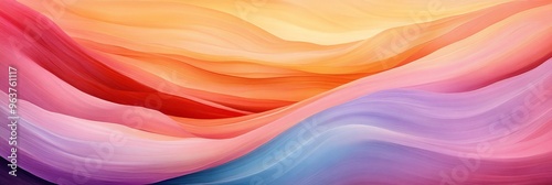 Abstract painting featuring flowing waves in warm pink, orange, and purple hues.