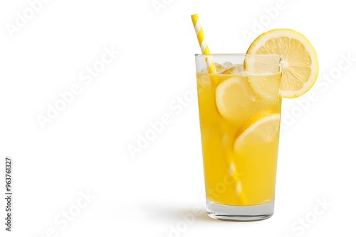 Isolated fresh orange juice in a white glass with ice cubes on a white background