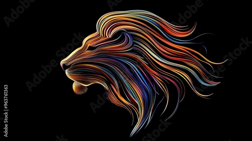 Lion Head in Profile Made of Multicolored Curved Thin Stripes on Black Background: A Vibrant and Artistic Representation of a Lion's Head,