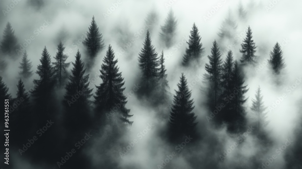 Obraz premium Misty pine forest in fog, moody landscape