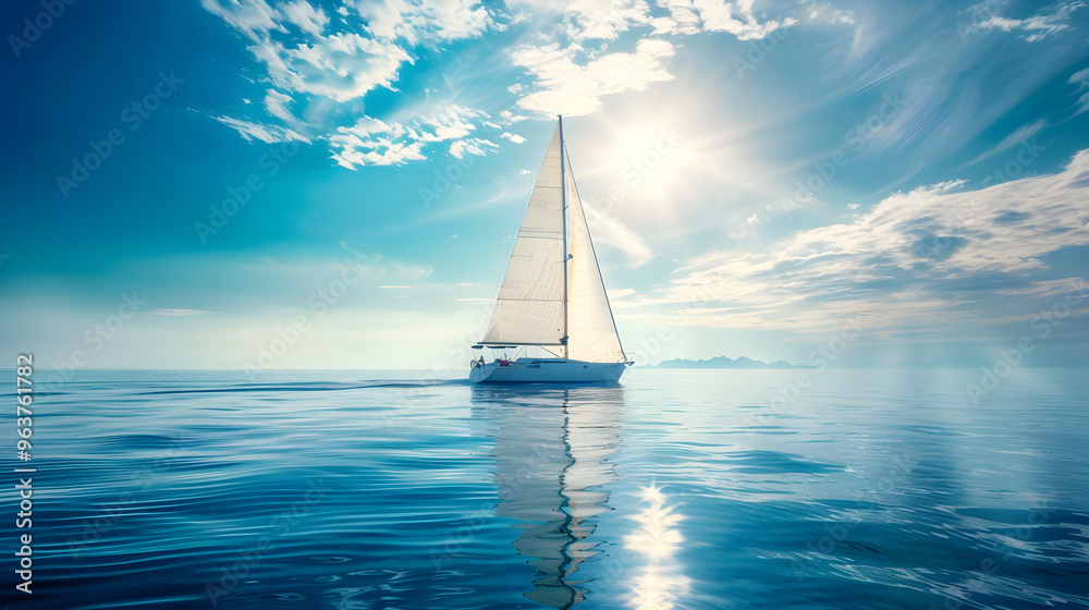 Obraz premium A luxury yacht cruising peacefully through shimmering blue waters under a bright, cloudless sky.