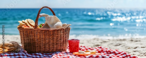 Picnic Basket on the Beach with Red Checked Blanket