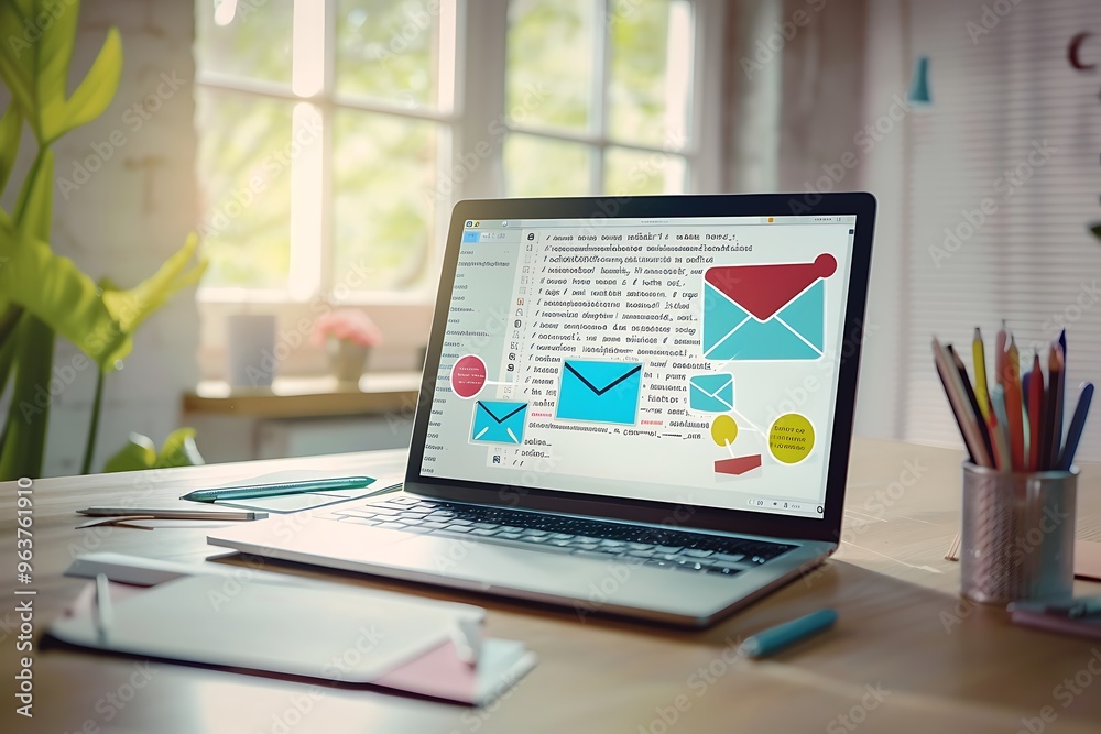 Laptop with email icon on screen. Business and communication concept. Laptop with email icon on screen. Business and communication concept.