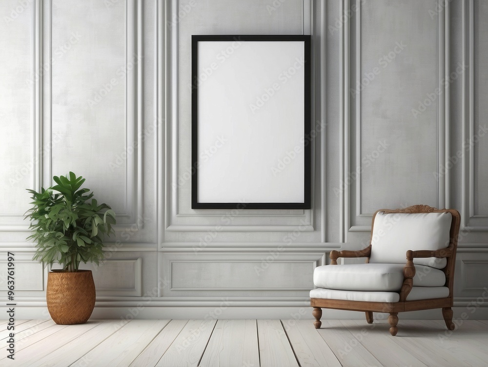 White Chair and Plant in a White Room with a Large Black Framed Picture