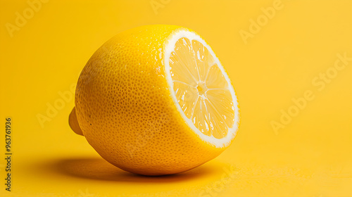 Bright yellow lemon against a lemon yellow background, vibrant and refreshing, creating a sunny aesthetic.