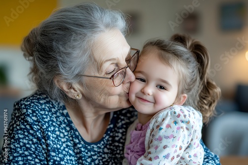 An elderly woman with gray hair and glasses kisses a little girl on the cheek.