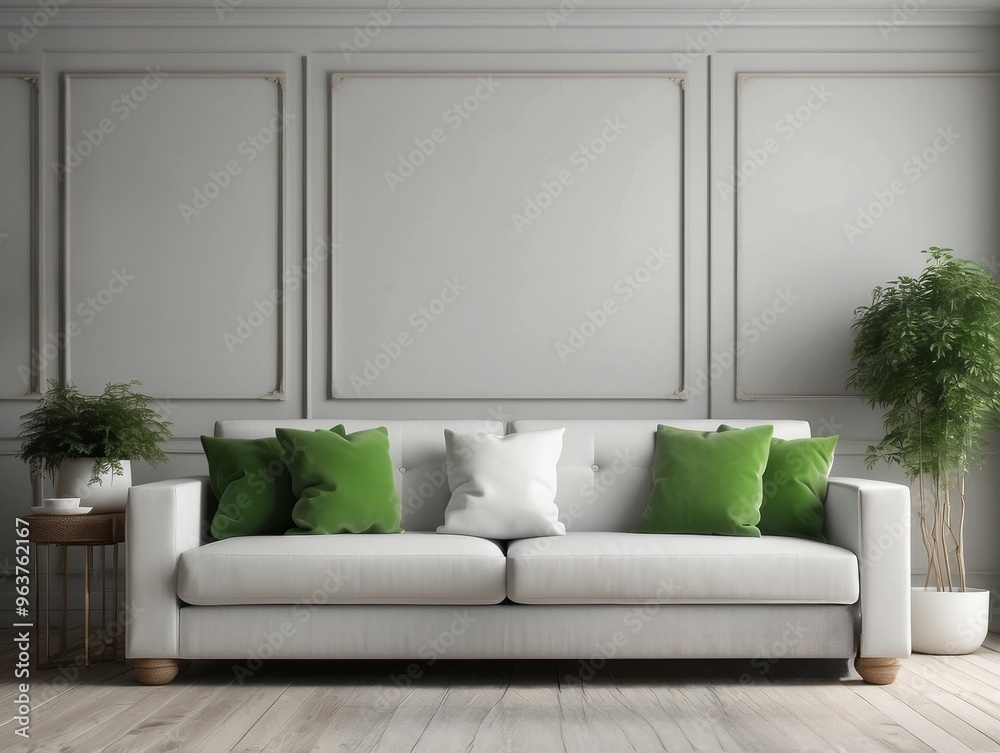 Fototapeta premium White Sofa with Green Pillows in a Modern Living Room