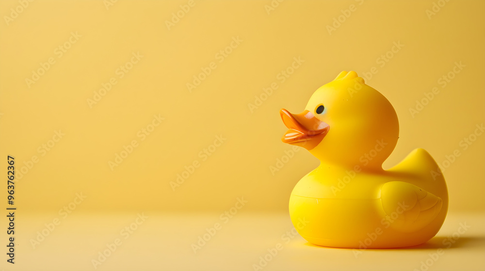 Bright yellow rubber duck sits on matching daffodil yellow backdrop, adding a cheerful touch to room. Bright yellow rubber duck sits on matching daffodil yellow backdrop, adding a cheerful touch to room.