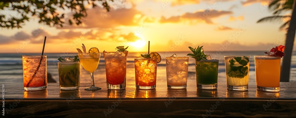 Cocktails at Sunset with Beach and Palm Trees in Background Cocktails at Sunset with Beach and Palm Trees in Background