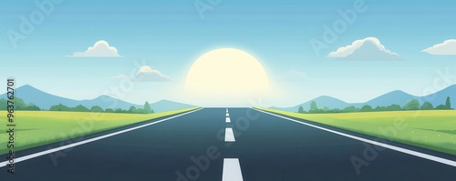 Vibrant flat design of a road extending into infinity, animated front view, capturing a sense of exploration