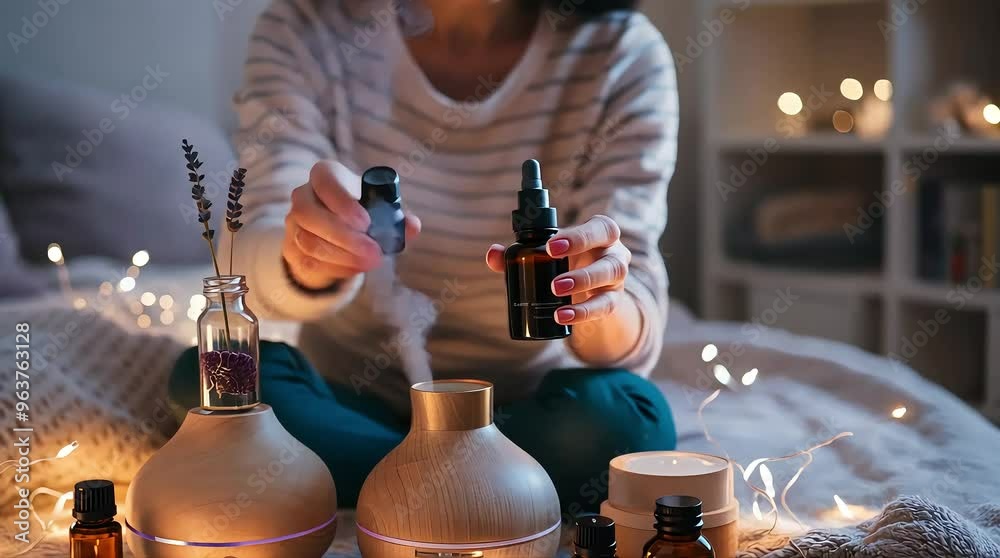 A Korean girl enjoys the soothing steam of aromatherapy from a diffuser with essential oil in a cozy room