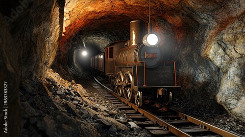 Vintage Locomotive Passing Through a Mine Tunnel: A Scene Featuring Rough Stone Walls with Orange and Gray Shades, Illuminated by Bright Ceiling Lamps and the Locomotive's Headlight. 