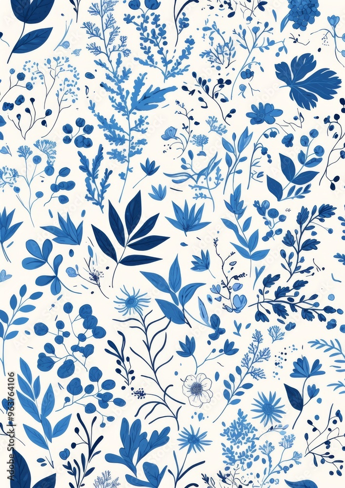 Pattern of Small Leaves and Flowers in Blue Tones on White Background Pattern of Small Leaves and Flowers in Blue Tones on White Background