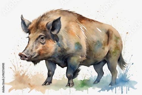 Watercolor Boar: A full-body watercolor painting of a boar