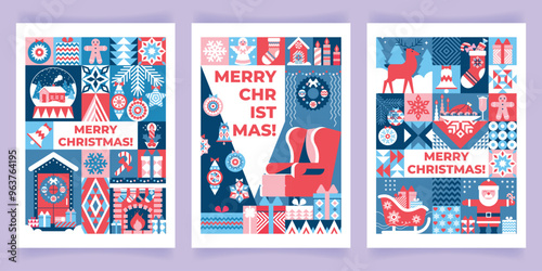 Set of geometric backgrounds with Christmas symbols and holiday attributes. Creative poster with decorated Christmas tree, home cozy interior, festive dinner, Santa Claus, deer