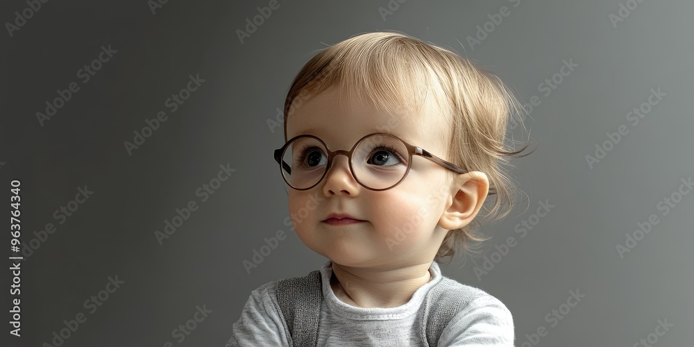 A curious toddler with glasses gazes thoughtfully while dressed in a cozy sweater, set against a minimalist gray backdrop in a warm and inviting indoor environment A curious toddler with glasses gazes thoughtfully while dressed in a cozy sweater, set against a minimalist gray backdrop in a warm and inviting indoor environment