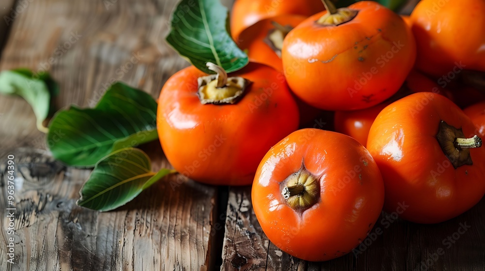 A small pile of persimmons with their glossy orange skin arranged on a rustic wooden surface with fresh green leaves adding a touch of natural vibrancy to the composition A small pile of persimmons with their glossy orange skin arranged on a rustic wooden surface with fresh green leaves adding a touch of natural vibrancy to the composition