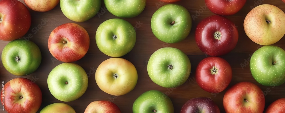 Aerial view of a variety of apples spread out on a table, showcasing different colors and textures, selective focus, whimsical, manipulation, picnic backdrop Aerial view of a variety of apples spread out on a table, showcasing different colors and textures, selective focus, whimsical, manipulation, picnic backdrop