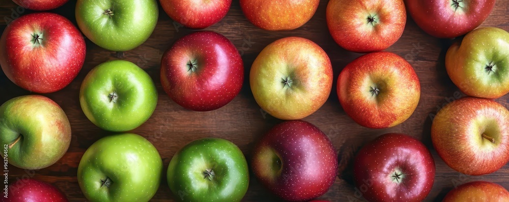 Aerial view of a variety of apples spread out on a table, showcasing different colors and textures, selective focus, whimsical, manipulation, picnic backdrop Aerial view of a variety of apples spread out on a table, showcasing different colors and textures, selective focus, whimsical, manipulation, picnic backdrop