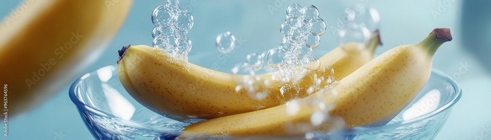 Bananas floating in clear water with bubbles rising, emphasizing their freshness, focus on the bubbles, futuristic, composite, glass bowl backdrop Bananas floating in clear water with bubbles rising, emphasizing their freshness, focus on the bubbles, futuristic, composite, glass bowl backdrop