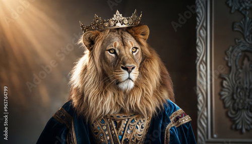 Portrait of majestic anthropomorphic male lion with brown mane dressed as medieval king with golden crown and blue royal robe cape in baroque and antique style atmosphere. 