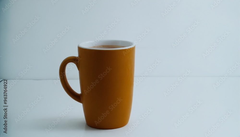 3D Render of a tall orange coffee mug on a white surface. 3D Render of a tall orange coffee mug on a white surface.