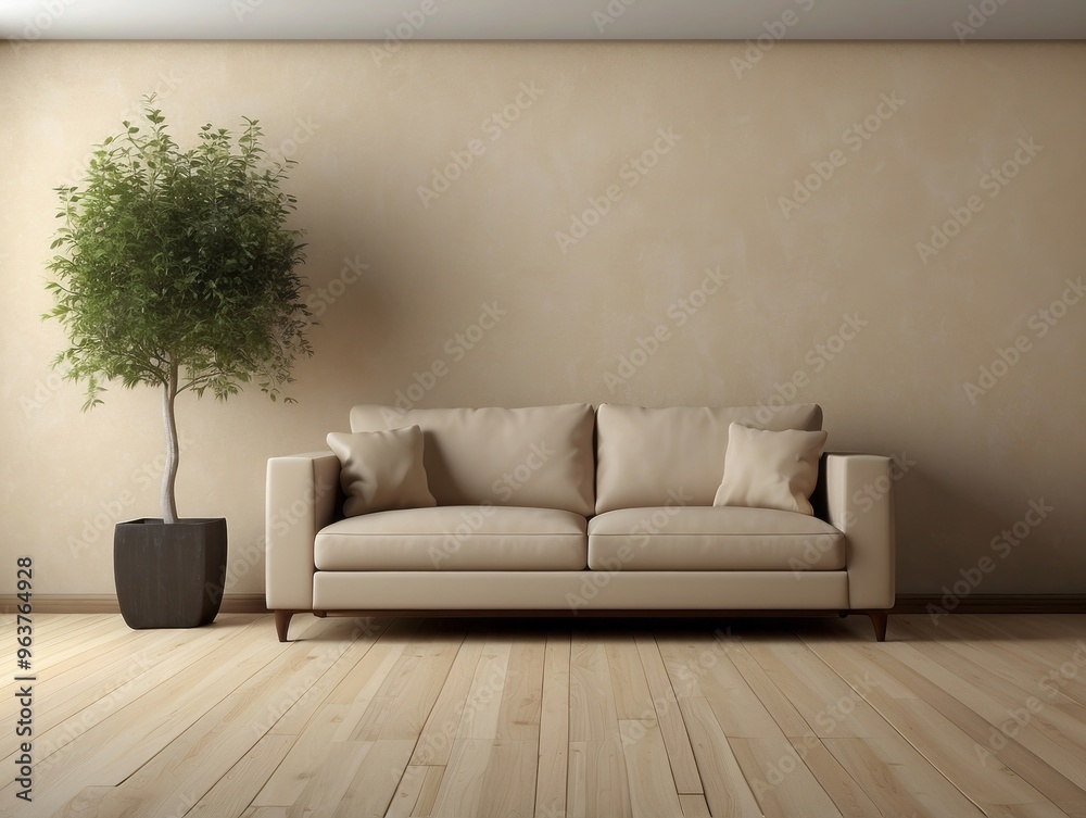 Fototapeta premium Minimalist Living Room Interior with Beige Sofa and Green Plant
