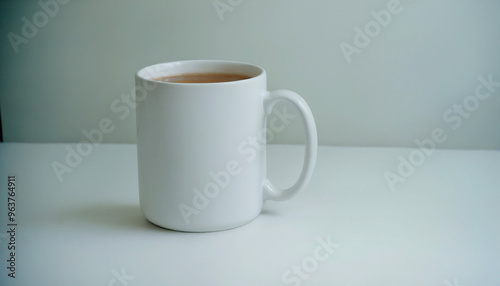 3D Render of a white mug with coffee on a white surface.