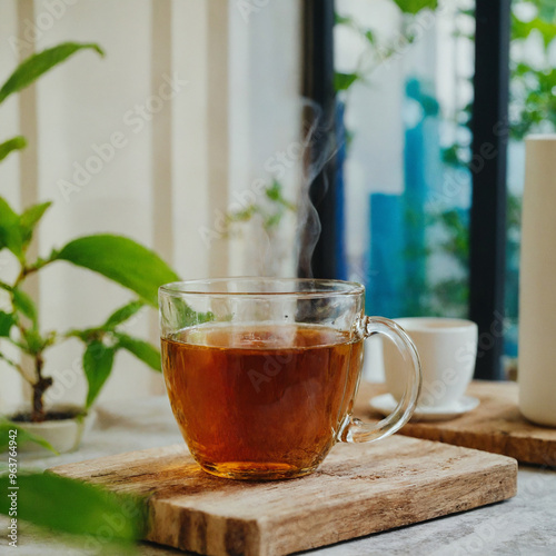 3D Render of a cup of tea on a wooden board with steam coming off of it. photo