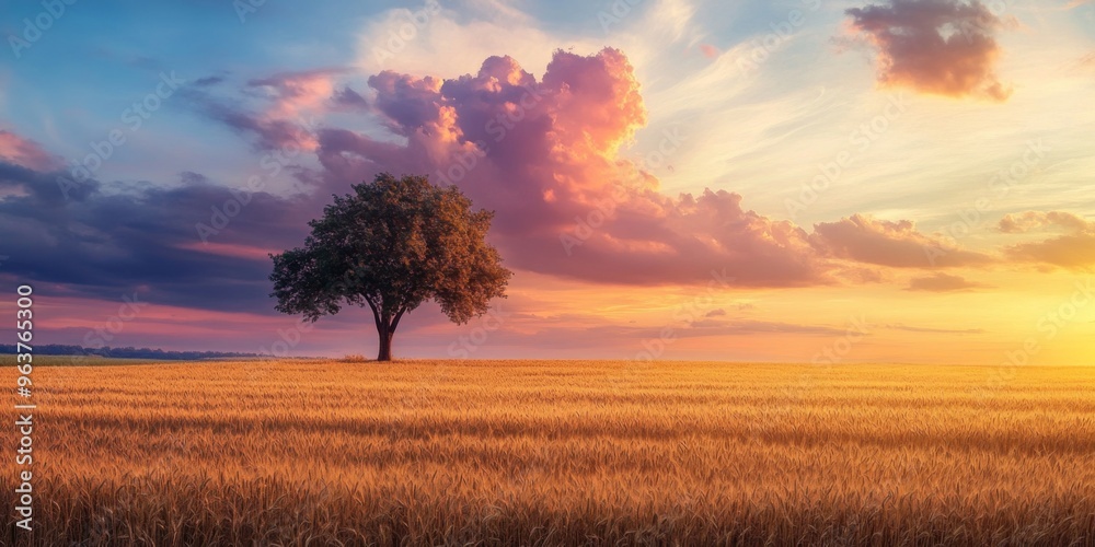 Fototapeta premium A Single Tree in the Open Field with Wheat and Sunset Sky