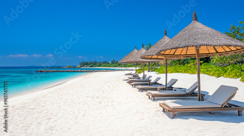 Tropical sea beach scene with clear turquoise water, white sandy shore and palm trees under a bright blue sky on a sunny day